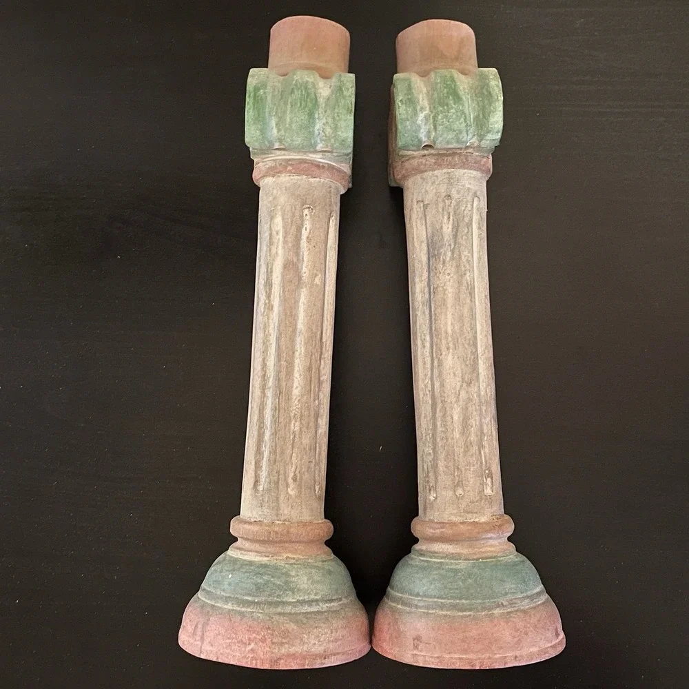 Pier 1 Aztec‎ Pillar Candlesticks Set Southwest Wooden Carved Pastel Decor